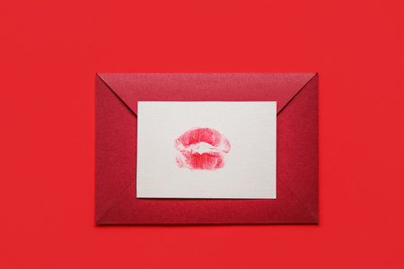 Envelope with lipstick kiss mark on red backgroundの写真素材