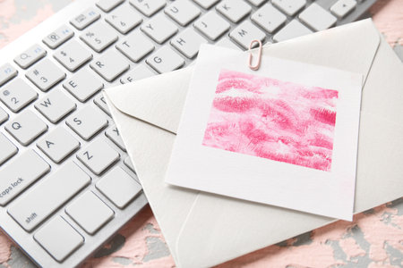 Envelope with lipstick kiss marks and computer keyboard on grunge background, closeupの写真素材