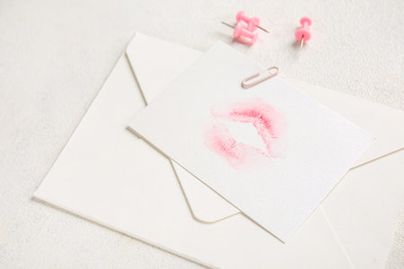 Envelope with lipstick kiss mark and paper clips on white background, closeup