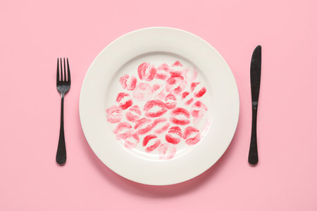 Plate with lipstick kiss marks and cutlery on pink backgroundの写真素材