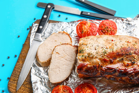 Wooden board with tasty baked meat, tomatoes, spices and cutlery on color background, closeupの写真素材