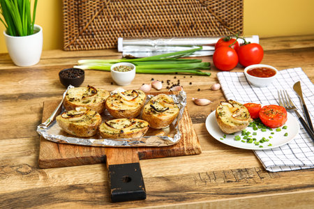 Cutting board with tasty baked potato, fresh vegetables and spices on wooden table in kitchenの写真素材