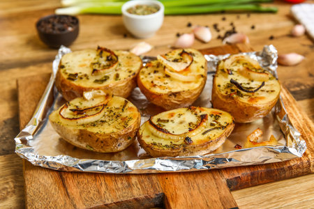 Wooden board with tasty baked potato on table, closeupの写真素材
