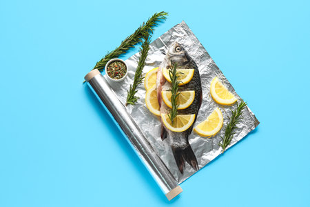 Aluminum foil roll with fresh raw fish, lemon slices, rosemary and spices on color backgroundの写真素材