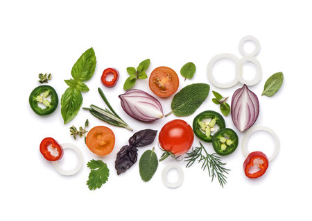Composition with fresh herbs and vegetables isolated on white backgroundの写真素材