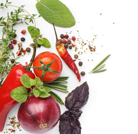 Composition with vegetables, spices and fresh herbs on white background, closeupの写真素材