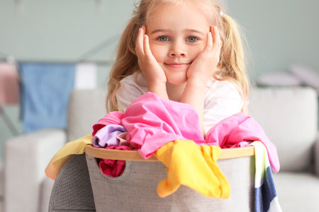 Little girl with dirty laundry at homeの写真素材