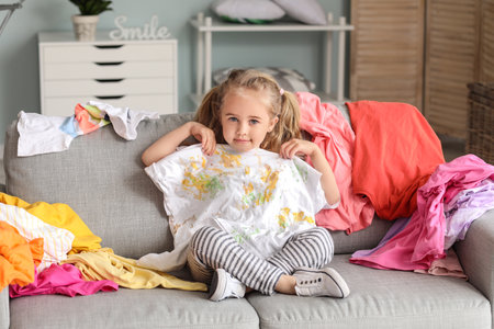 Little girl with dirty laundry at homeの写真素材