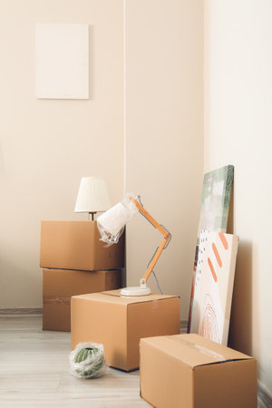 Cardboard boxes with accessories in new flat on moving dayの写真素材