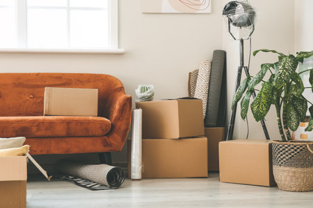 Cardboard boxes with accessories and sofa in new flat on moving dayの写真素材