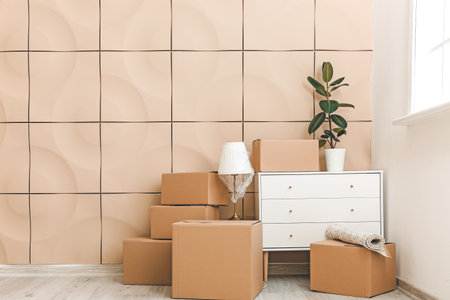 Cardboard boxes with belongings and chest of drawers in new flat on moving dayの写真素材