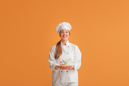Young female chef with tasty dish on color backgroundの写真素材