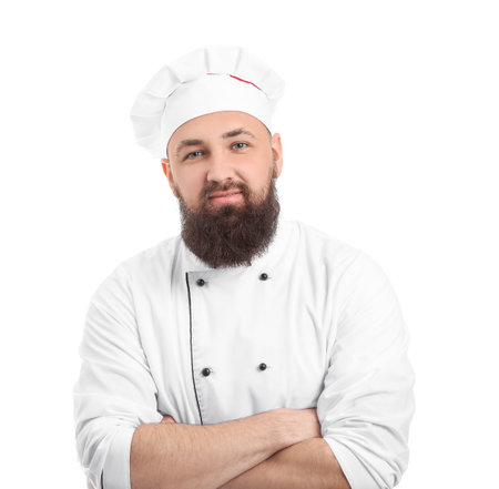 Handsome male chef on white backgroundの写真素材