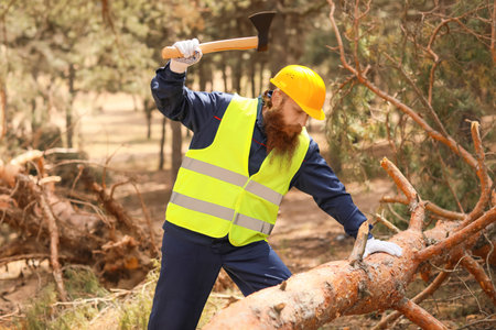 Handsome lumberjack cutting down trees in forest