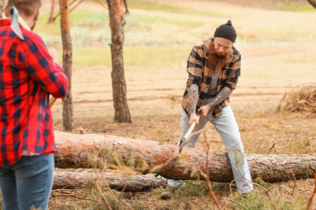 Handsome lumberjacks cutting down trees in forestの写真素材