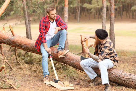 Handsome lumberjacks cutting down trees in forestの写真素材