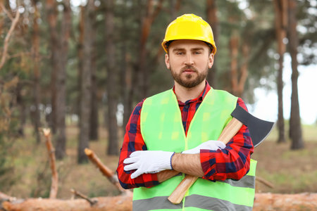 Handsome lumberjack with ax in the forestの写真素材