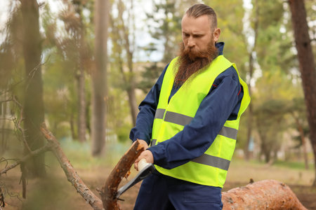 Handsome lumberjack cutting down trees in forestの写真素材