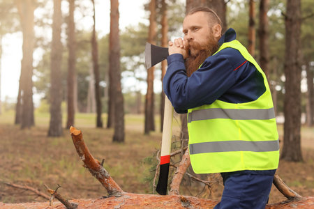 Handsome lumberjack with ax in the forestの写真素材