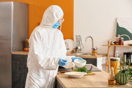 woman in biohazard suit cooking in kitchenの写真素材