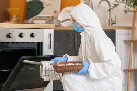 woman in biohazard suit cooking in kitchenの写真素材