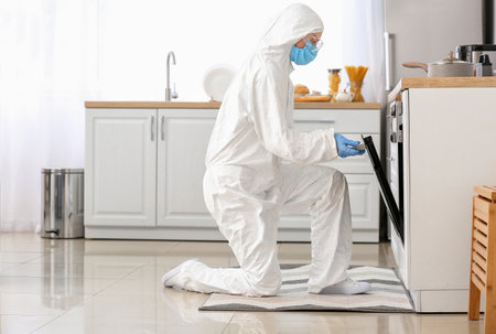woman in biohazard suit cooking in kitchenの写真素材