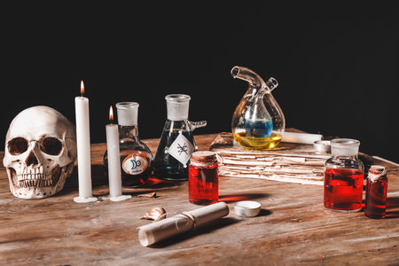 Potions, human skull, old book and candles on alchemist's tableの写真素材