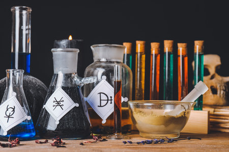 Different potions on alchemist's table