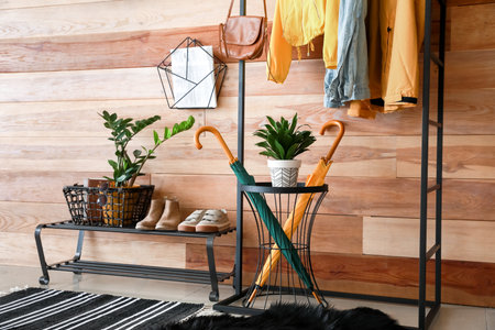 Stylish interior of modern hall with umbrellasの写真素材