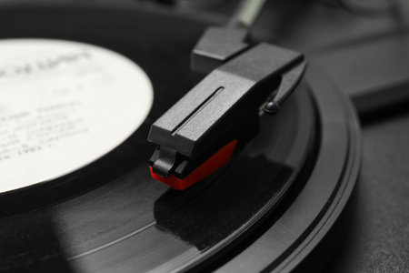 Record player with vinyl disk, closeup