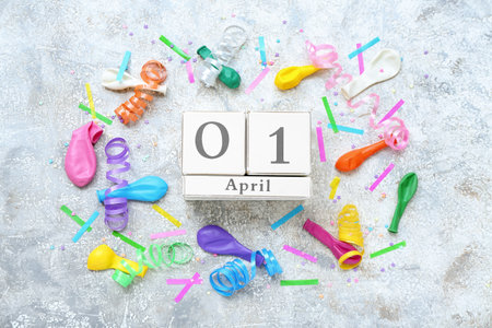 Calendar with date of Children's Day, confetti and balloons on grunge backgroundの写真素材