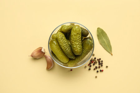 Bowl with tasty fermented cucumbers and ingredients on beige backgroundの写真素材