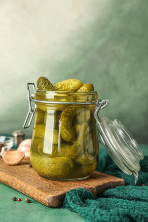 Jar with tasty fermented cucumbers, wooden board and ingredients on green tableの写真素材