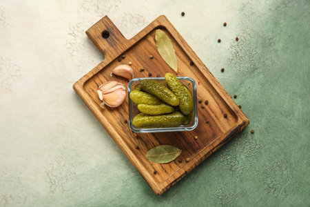 Bowl with tasty fermented cucumbers and wooden board on grunge backgroundの写真素材