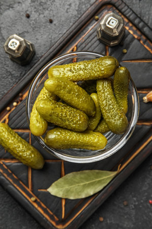 Bowl with tasty fermented cucumbers on dark grunge backgroundの写真素材