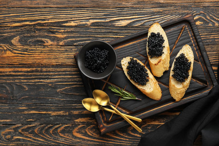 Tasty bruschettas with black caviar on wooden backgroundの写真素材