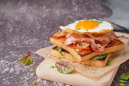 Delicious sandwich with fried egg and bacon on gray backgroundの写真素材