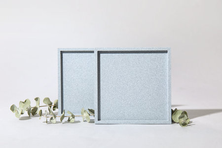 Decorative plaster podiums with eucalyptus branches on gray background