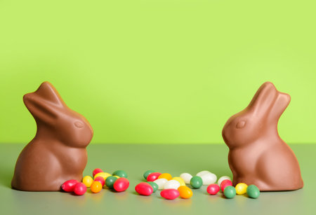 Chocolate Easter bunnies and candies on green background