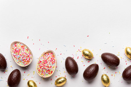 Chocolate Easter eggs and sprinkles on white background