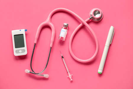 Glucometer with insulin, lancet pen and stethoscope on pink background. Diabetes conceptの写真素材