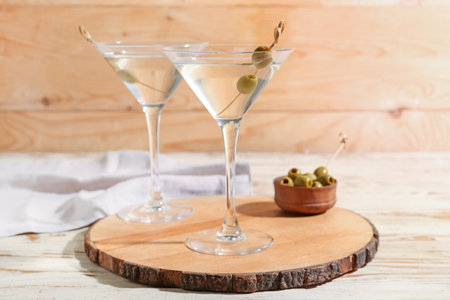 Glasses of tasty martini and olives on light wooden tableの写真素材