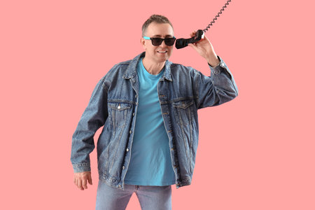 Mature man talking by telephone on pink background
