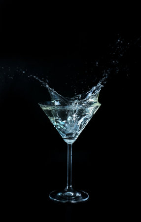 Glass with splashing martini on black backgroundの写真素材