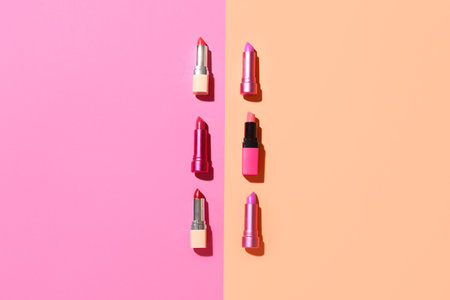 Lipsticks on pink and beige backgroundの写真素材