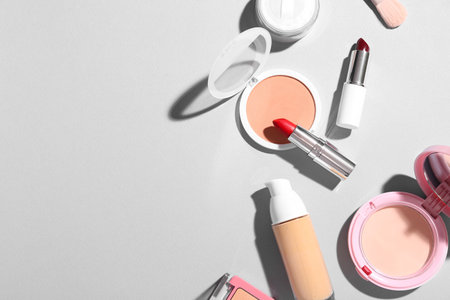Decorative cosmetics on gray backgroundの写真素材