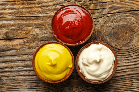 Bowls of ketchup, mayonnaise and mustard on wooden table, closeupの写真素材