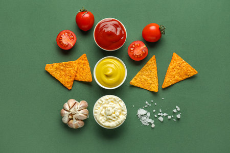 Composition with different sauces, nachos and vegetables on green backgroundの写真素材