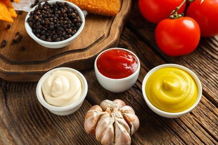 Composition with bowls of different sauces and garlic on wooden tableの写真素材