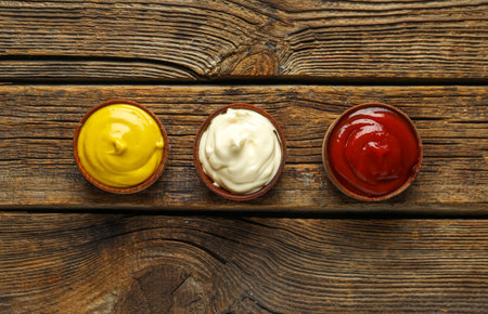 Bowls of ketchup, mayonnaise and mustard on wooden tableの写真素材